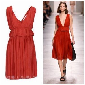CHLOÉ Rooibos Orange Micro Pleated V-Neck Peplum Midi Dress FR34 US2 Boho NWT